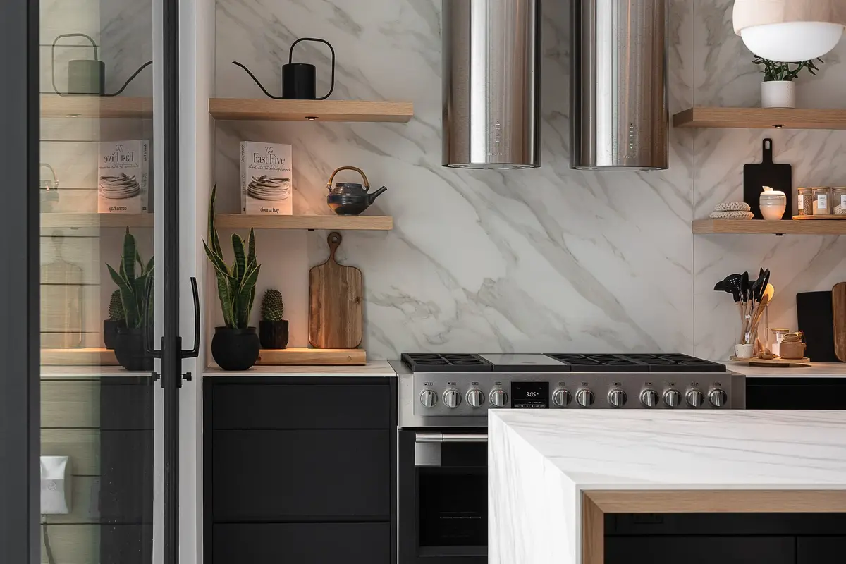 Range and hood against a veined stone backsplash, timber shelves and dark cabinetry