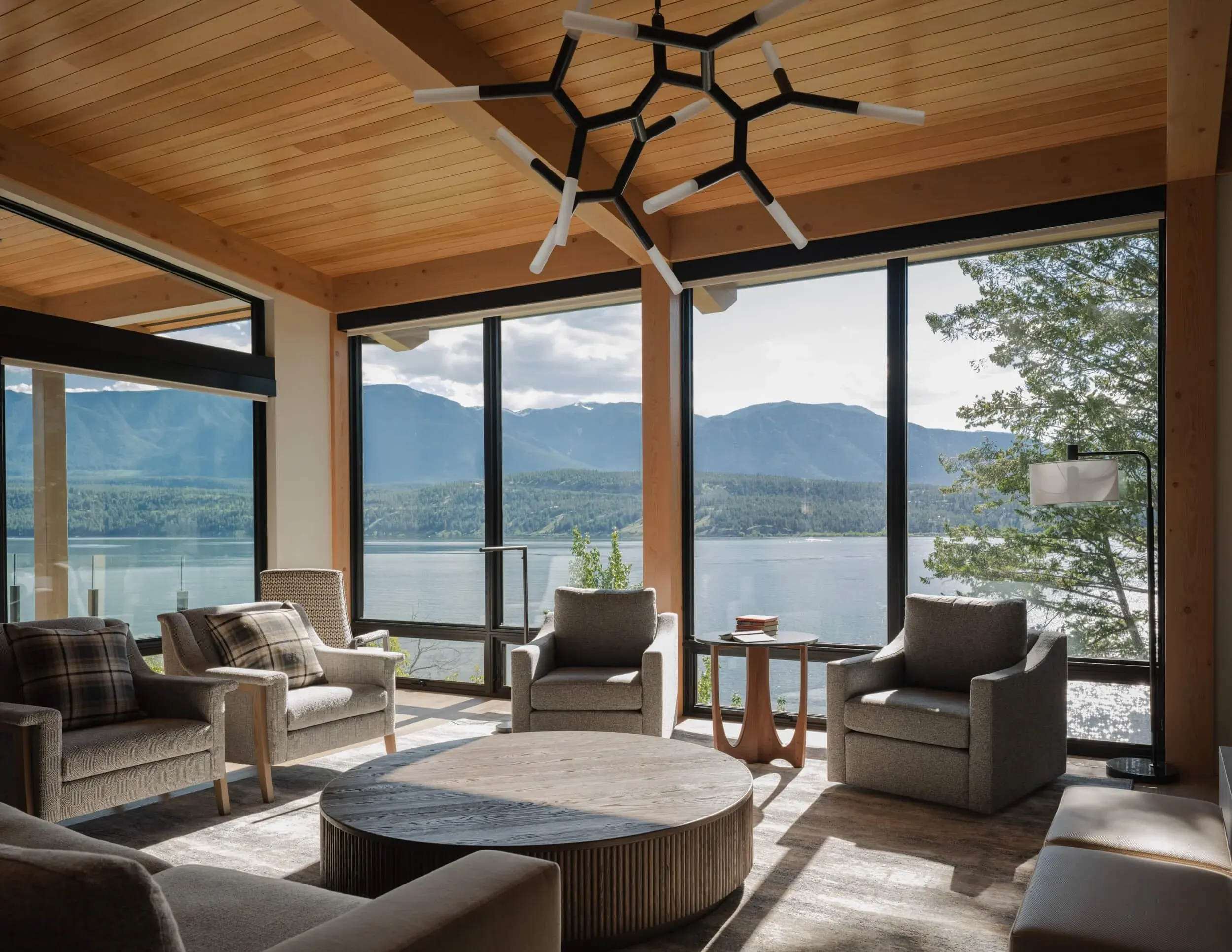 Schmidt Residence living room under a cedar ceiling