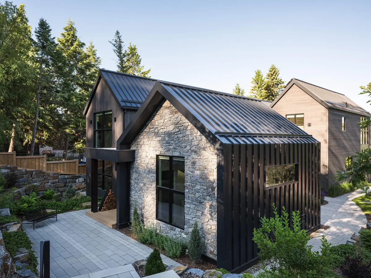 Stone gable and dark battened cladding above a paved terrace, forest rising behind