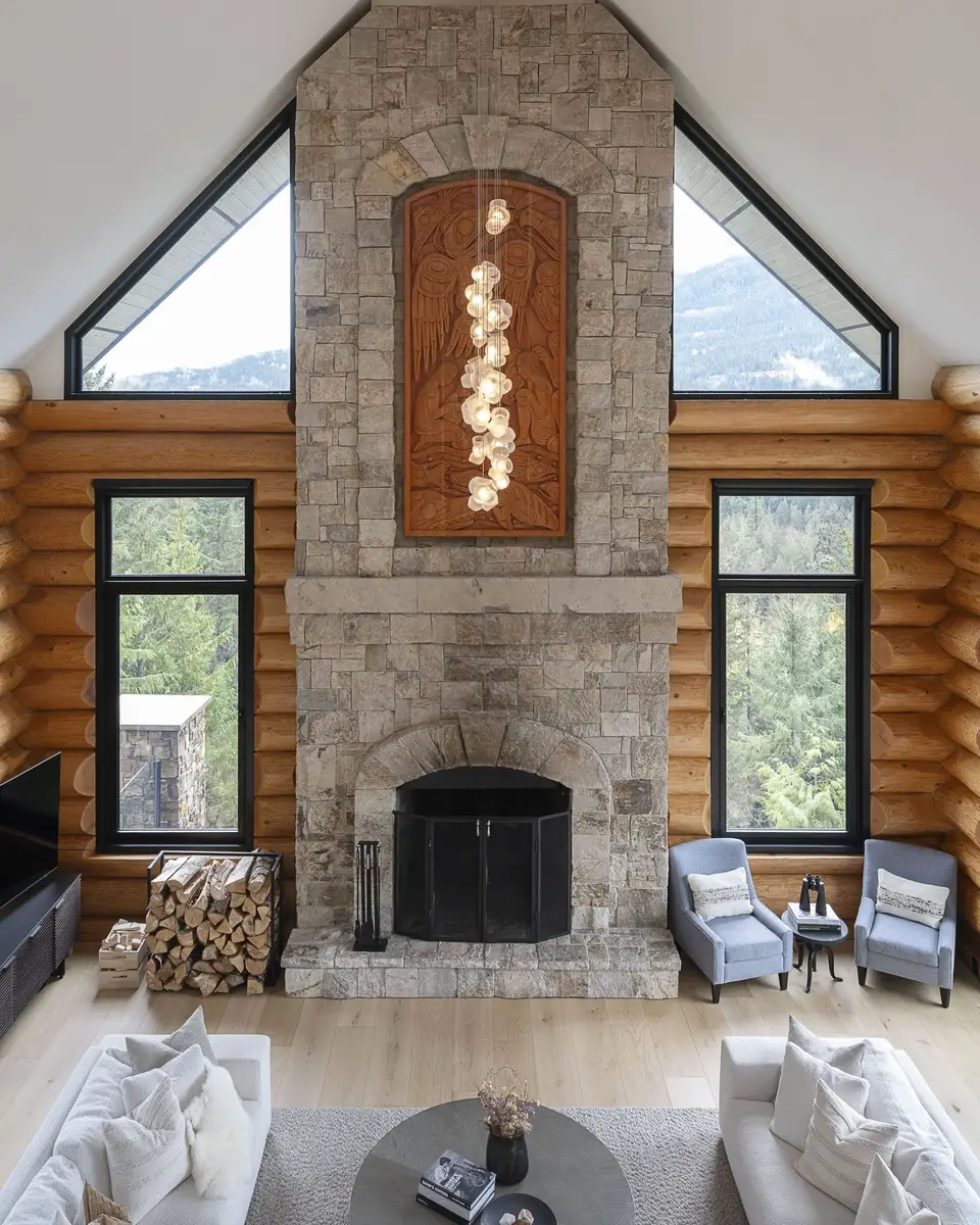 The stone chimney rising the full height of the room, a cascading light fixture in front