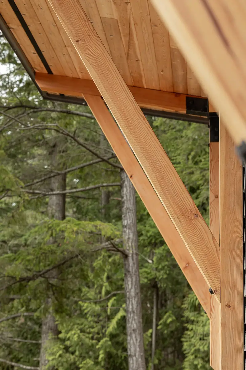 A diagonal wood brace meeting the roof, forest out of focus behind it