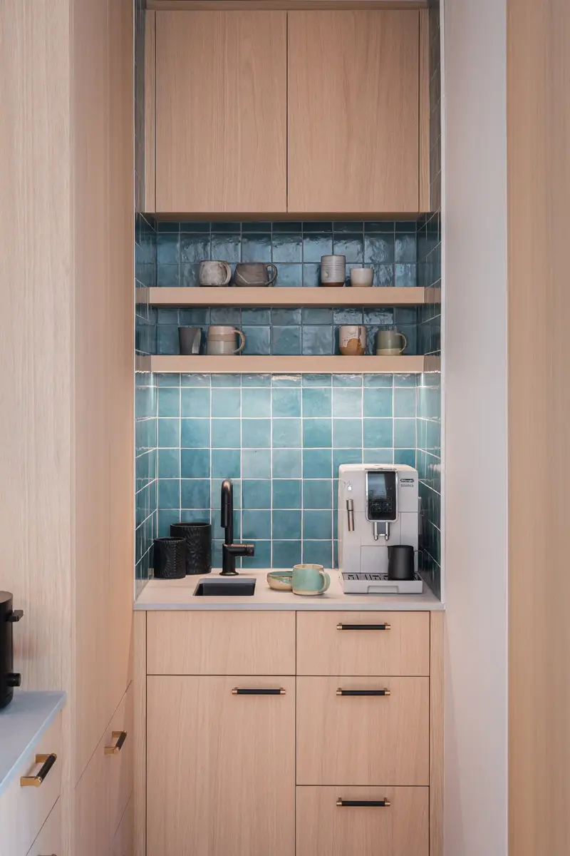 Coffee station in a shallow niche, blue green tile and mugs on open shelves