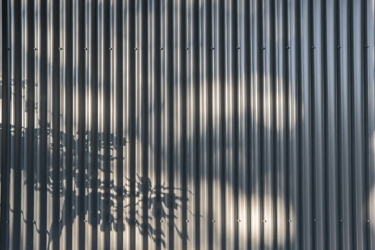 Dark corrugated metal cladding in low sun, branch shadows falling across the ribs