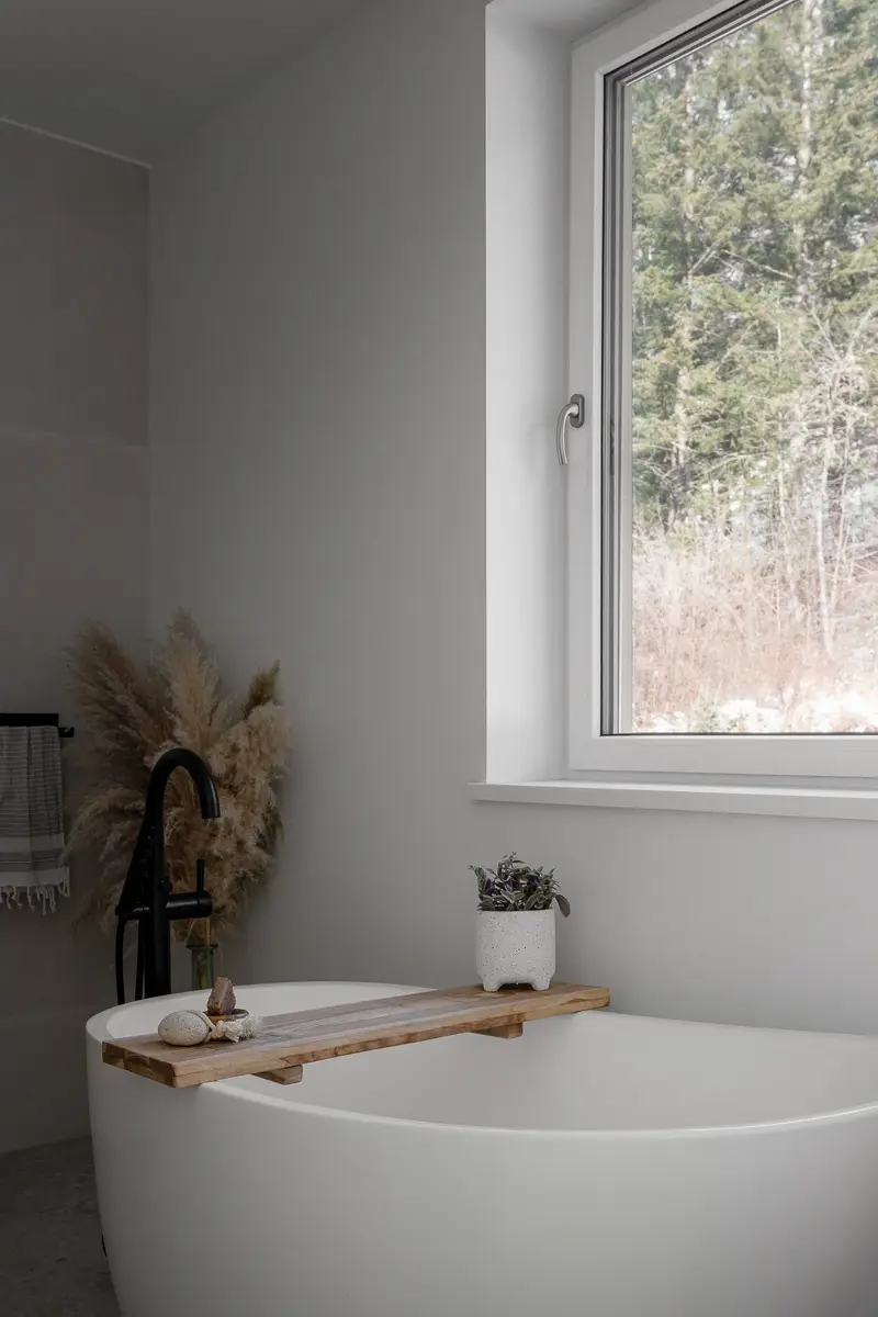 Freestanding tub at a window into winter trees, a wood caddy laid across it