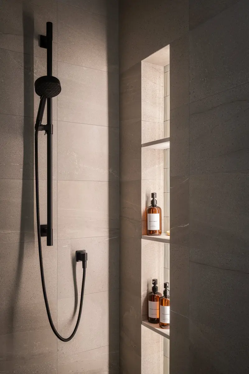 Shower in large format tile, black fixtures and bottles in a recessed niche