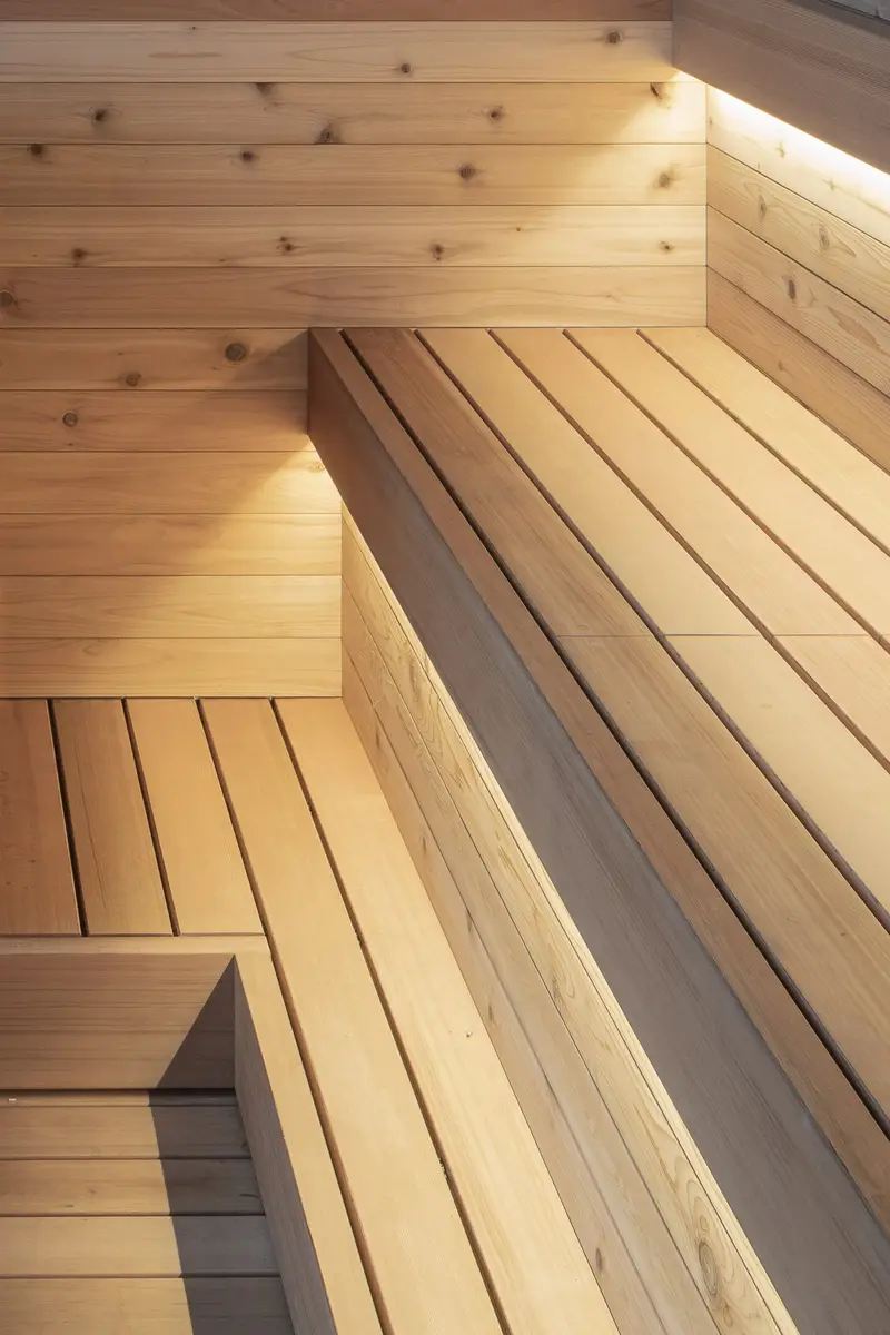 Close view of a pale wood sauna bench meeting the slatted floor in a corner