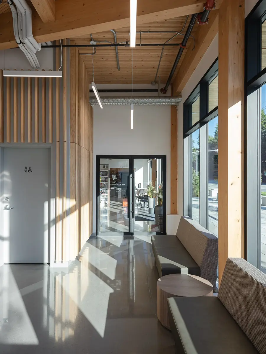 Built in bench along a glazed corridor, sunlight across the floor and a timber ceiling above