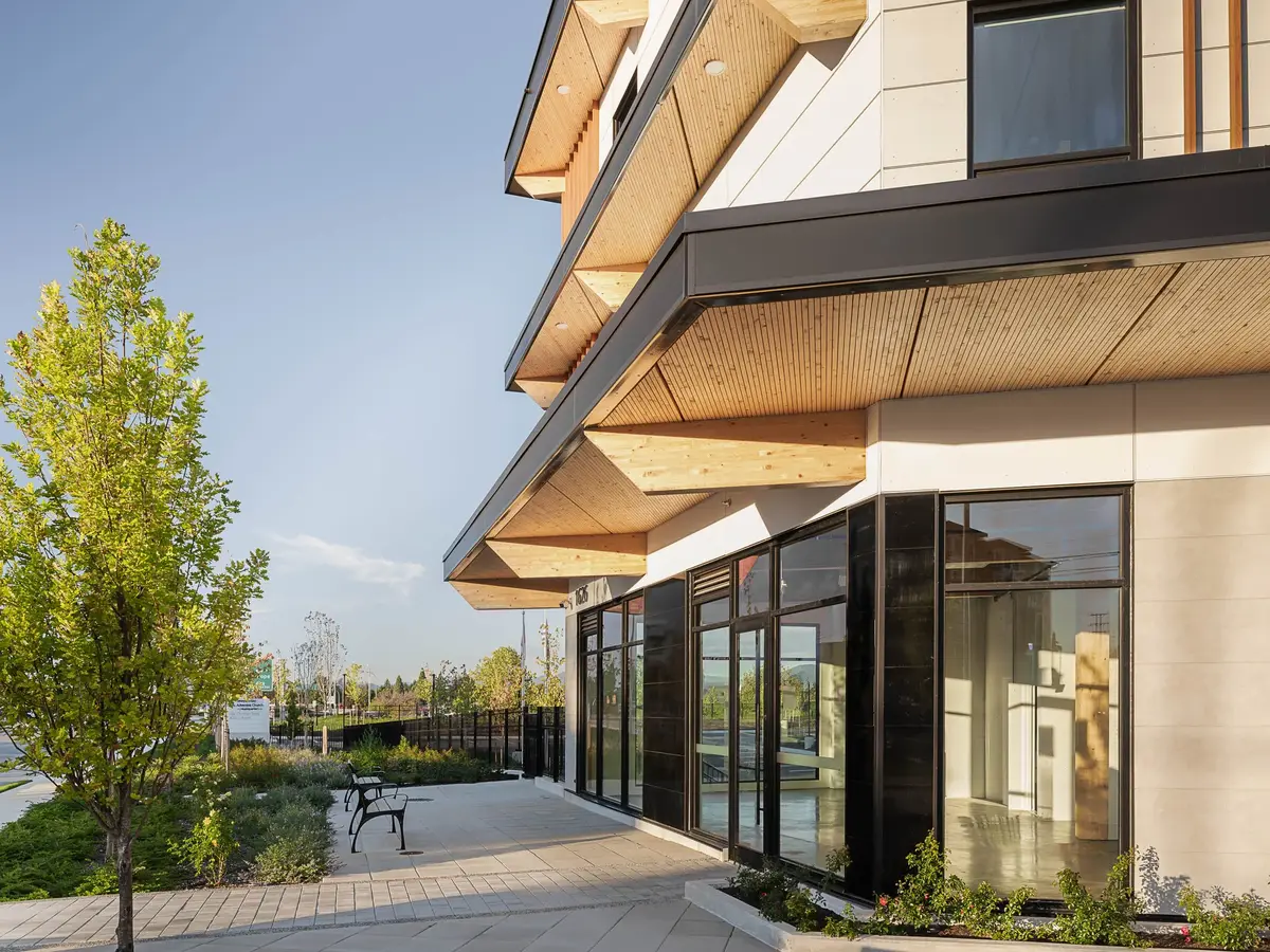 Stacked overhangs with wood soffits running along the glazing, a young tree and bench on the walk