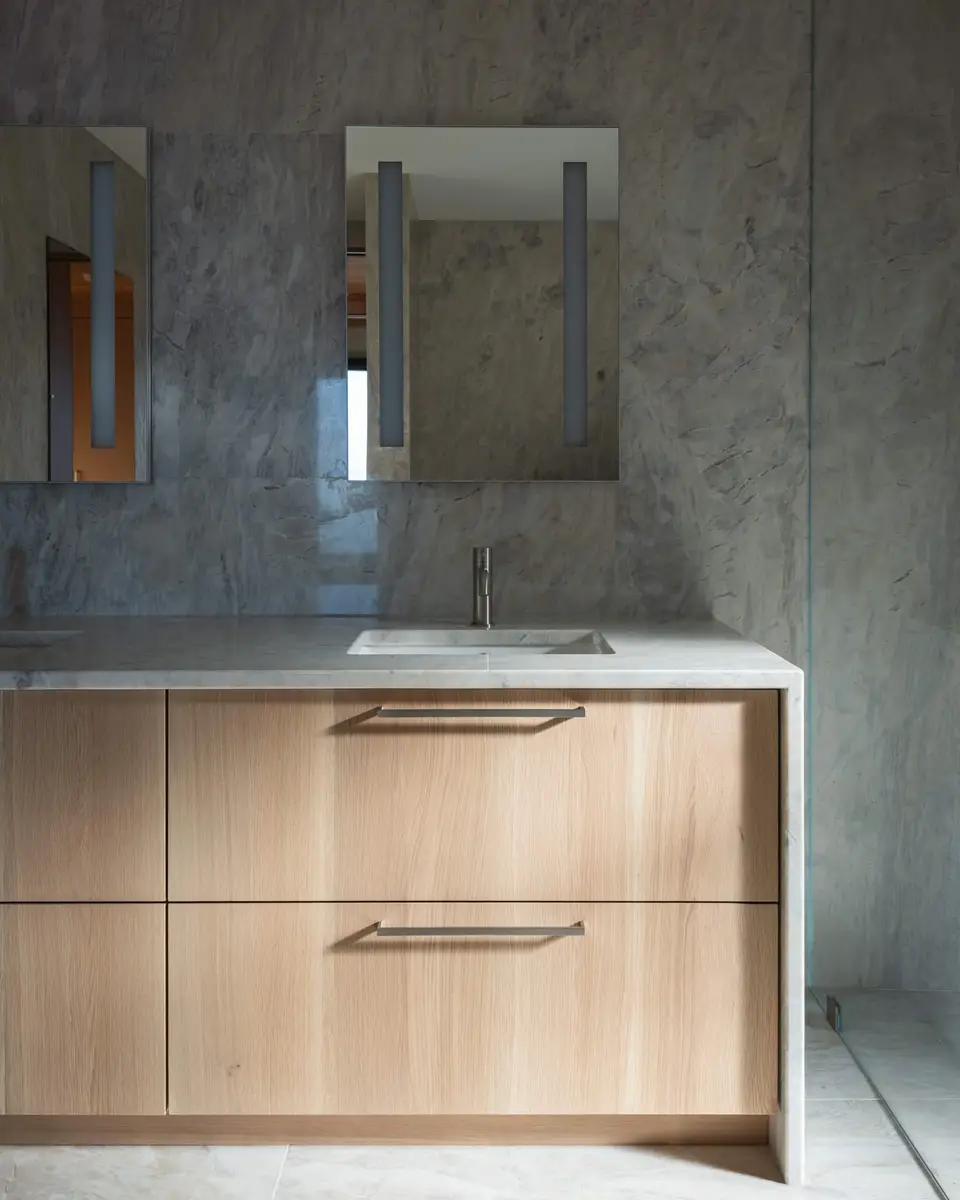 Pale wood vanity under a stone counter, two mirrors set against the stone wall