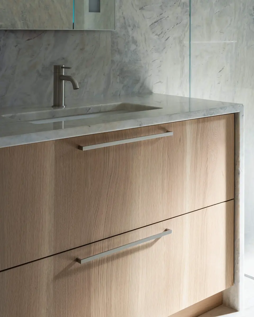 Basin and tap on a stone counter above pale wood drawers with long slim pulls