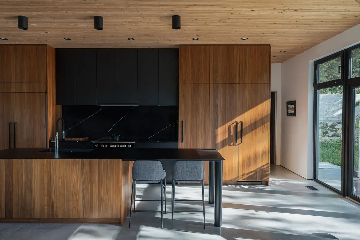 Entry under a deep wood soffit, dark corrugated metal cladding and concrete steps rising through planting