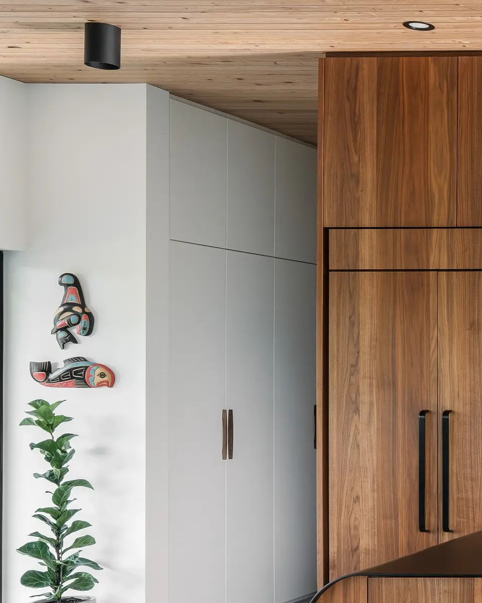 Two painted carvings on a white wall between a pale cabinet and wood fronted joinery