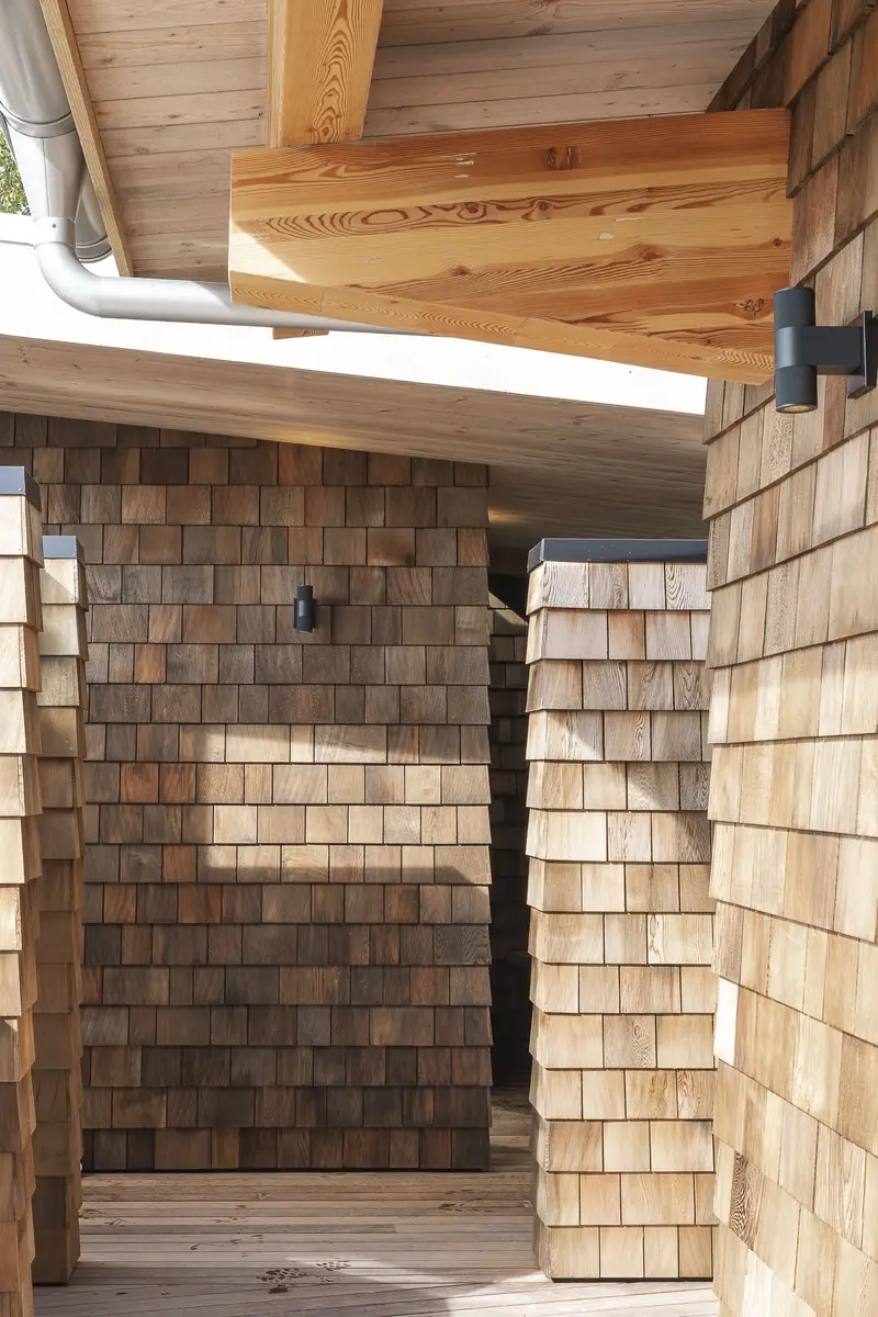 Shingled walls meeting under exposed timber beams, a downspout tracing the roof edge