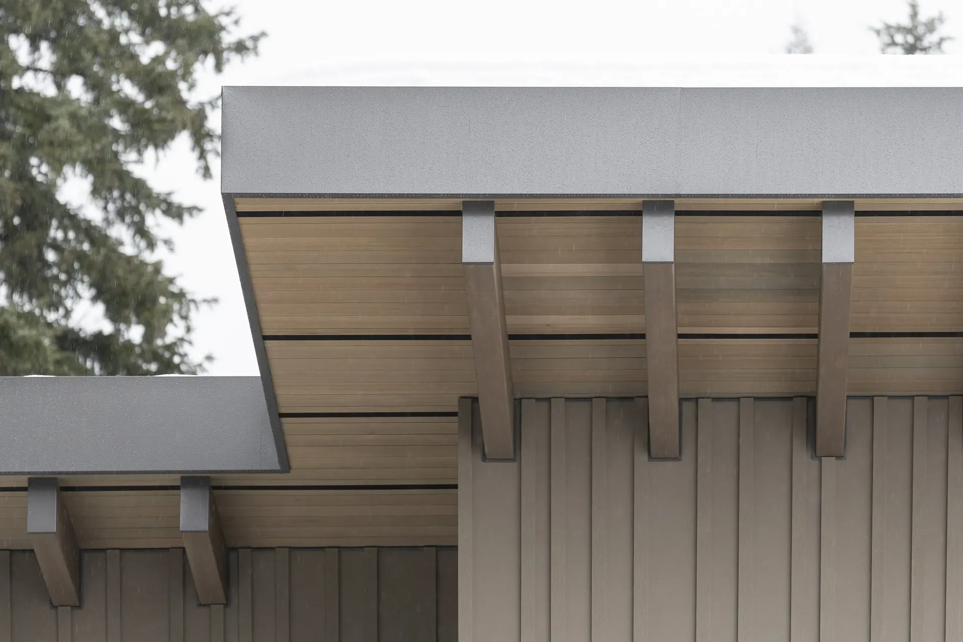 Two roof planes meeting over vertical siding, beam tails exposed, snow along the lower edge