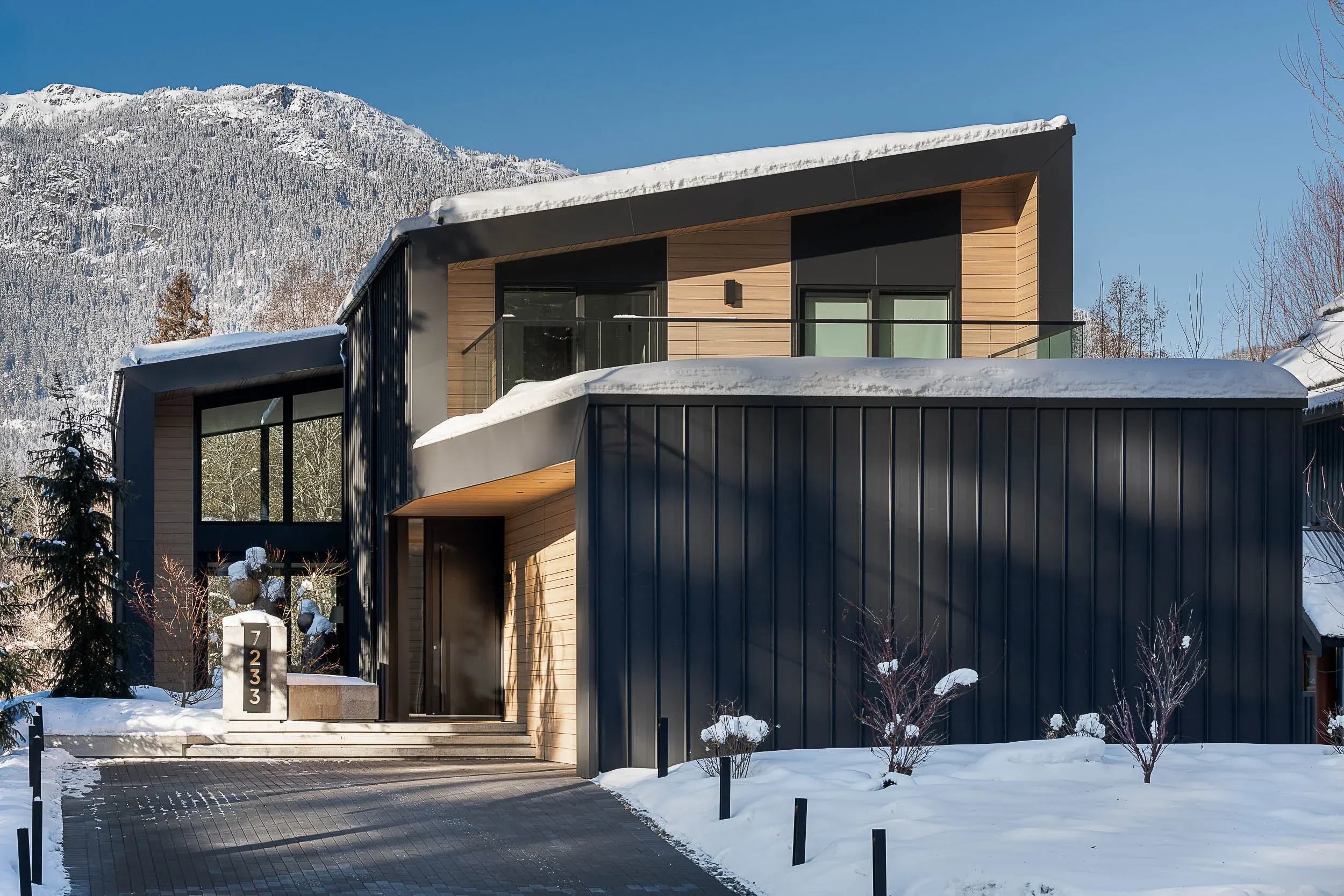 Street elevation above a cleared drive, dark cladding below and wood siding above, mountains beyond
