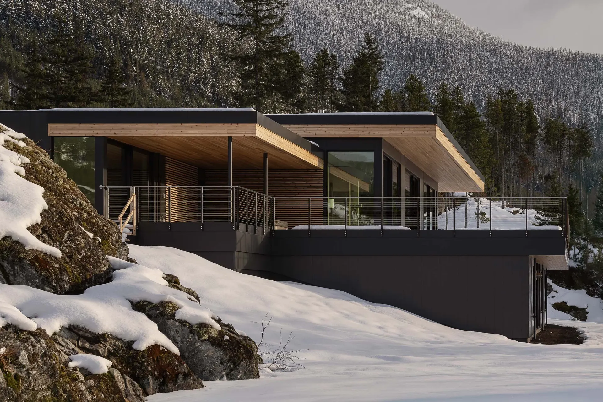 The house along a rock outcrop above the snow, a long dark volume under a pale wood soffit