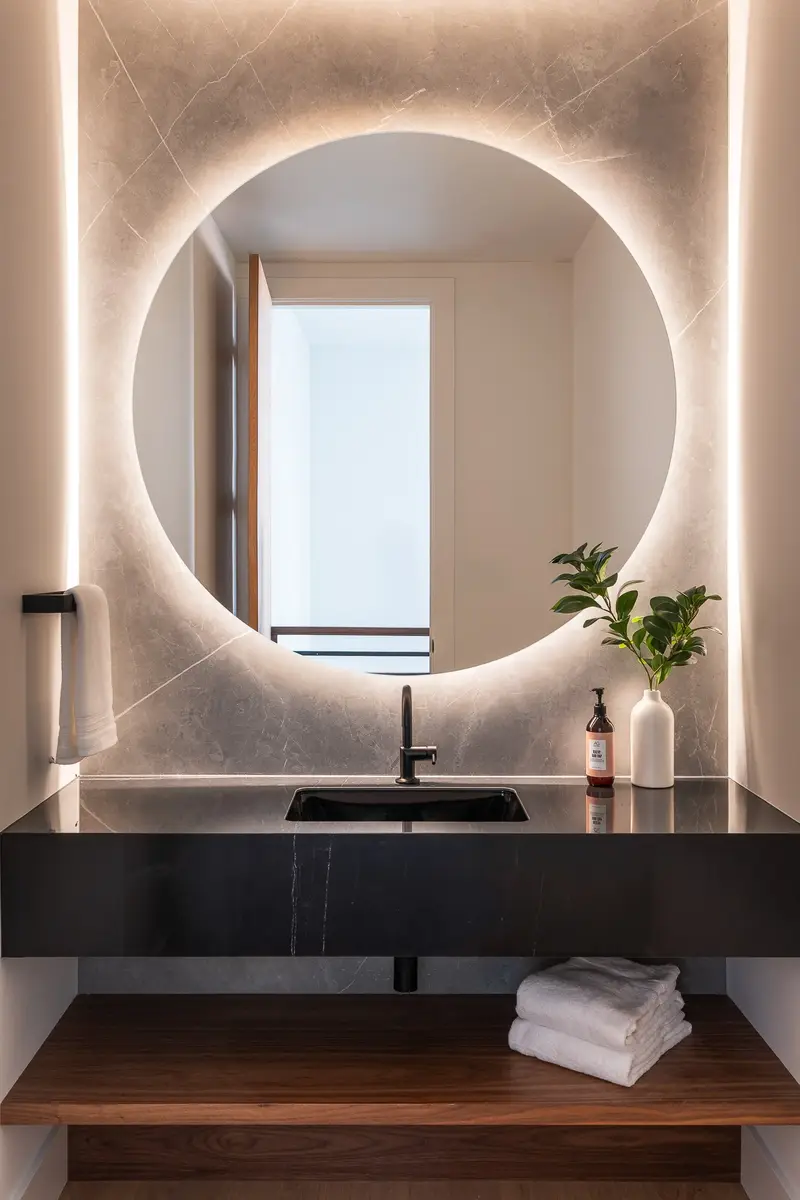 Round backlit mirror above a dark stone vanity, folded towels on the timber shelf below