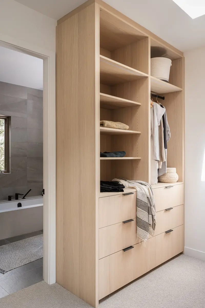 Closet joinery beside a doorway into a bathroom, a tub visible beyond