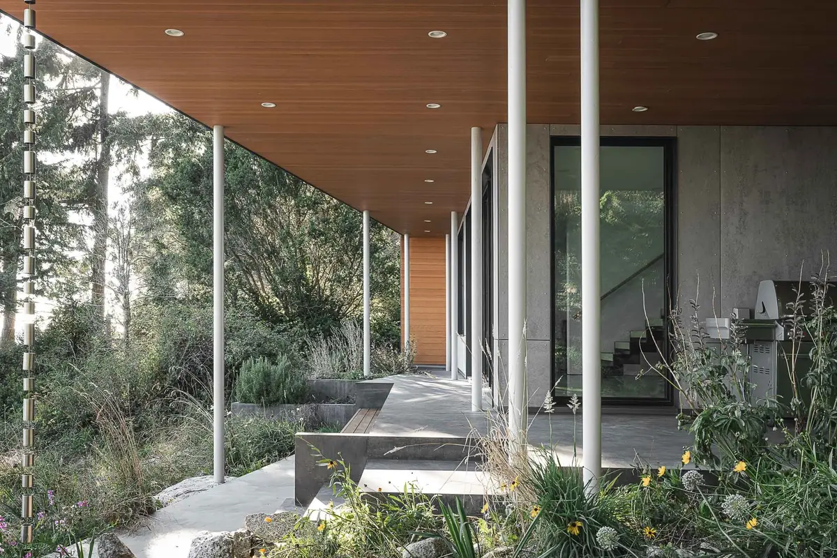 Covered walk on slim white columns under a wood soffit, planting along the concrete edge
