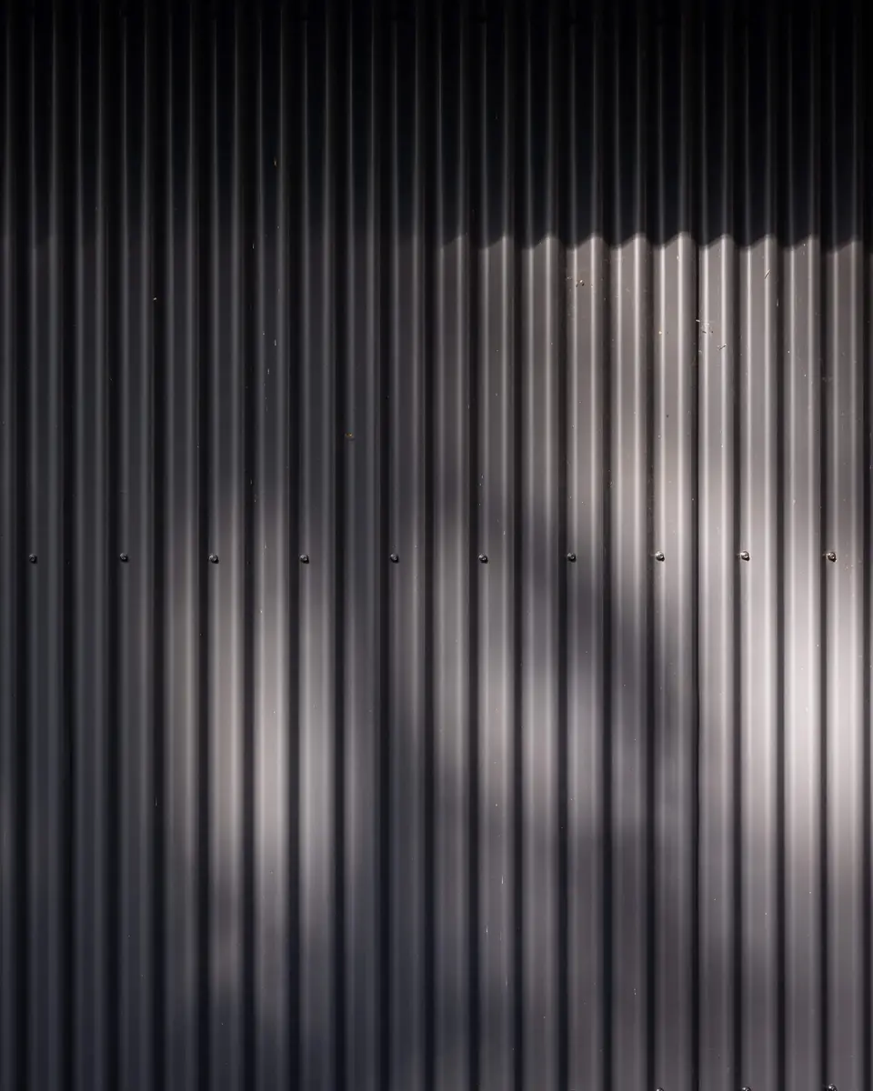 Corrugated cladding close up, ribs running vertically in low raking light