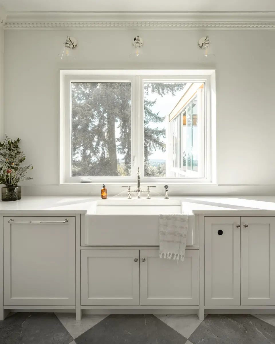 An apron sink below a corner window, three sconces above and cream cabinetry either side