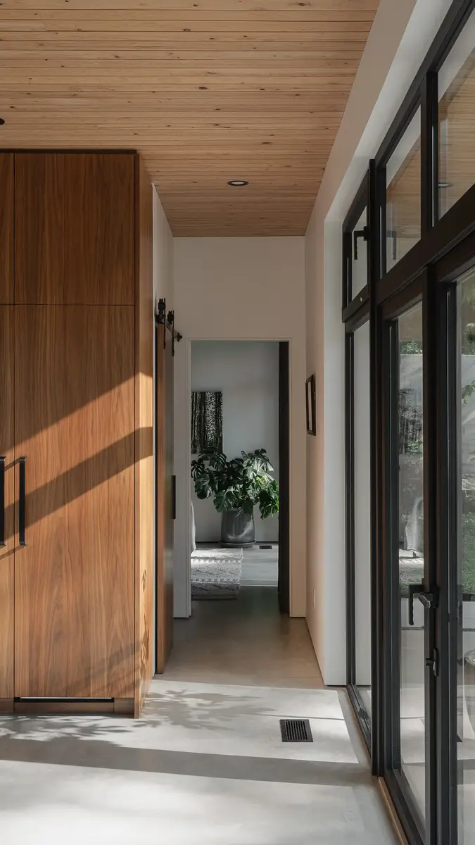 Hall past tall wood cabinetry, glazed doors at right and a bedroom through the opening beyond