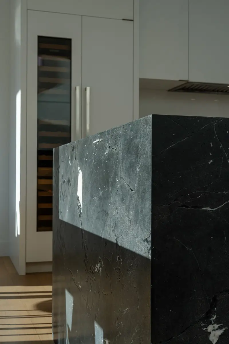 Corner of the dark veined stone island catching low sun, a glass fronted wine cabinet behind