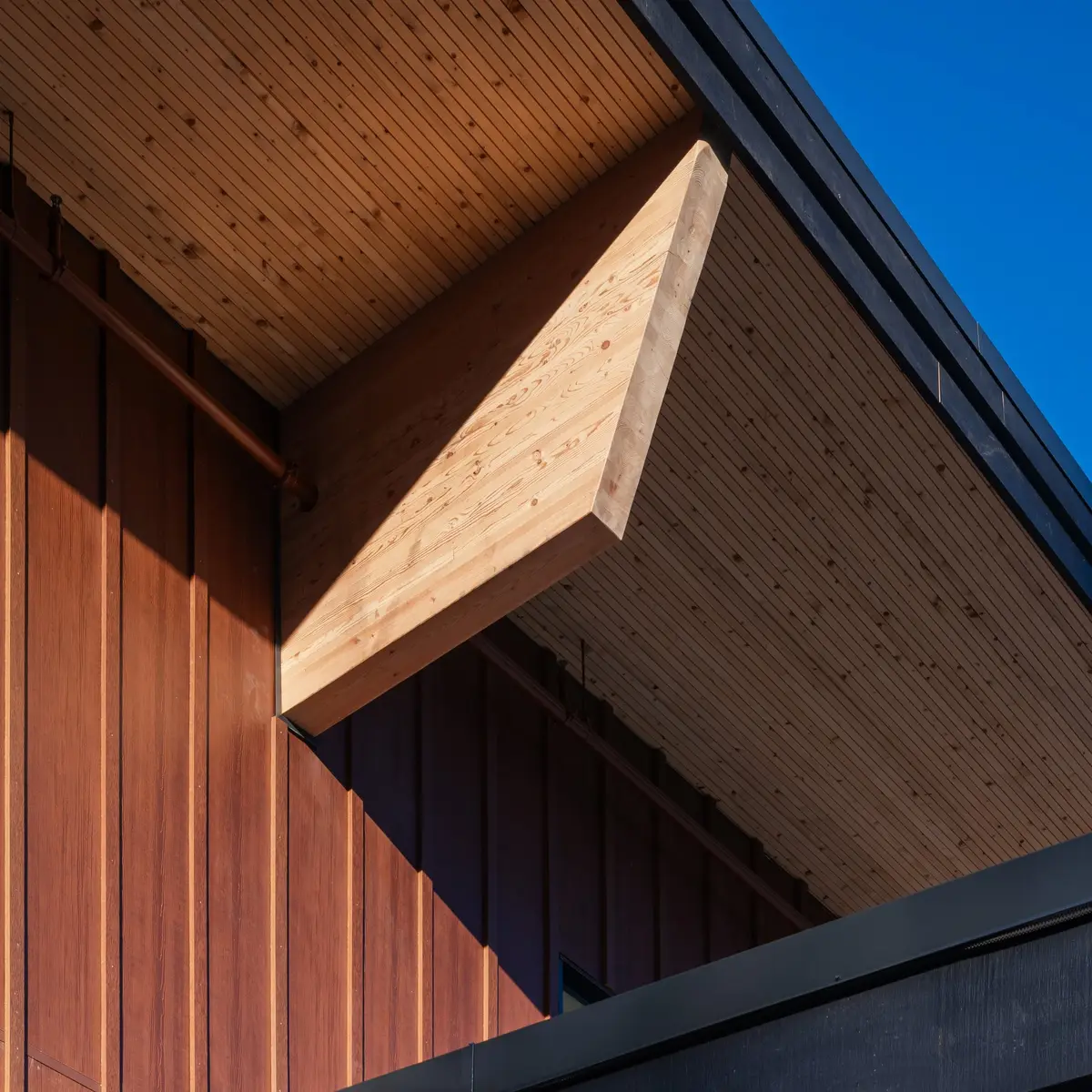 A projecting timber beam under a wood soffit, dark flashing and vertical cladding