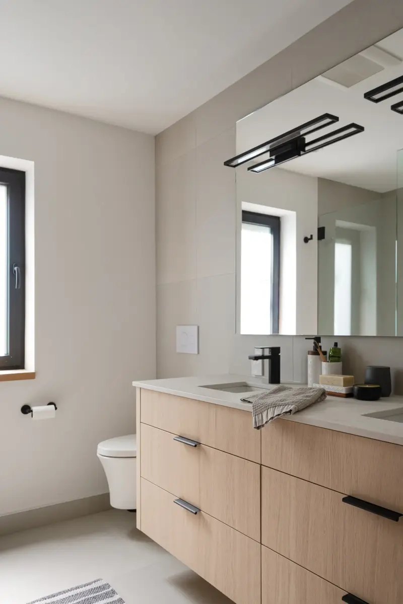 Bathroom with a double vanity, a wide mirror and a linear light above
