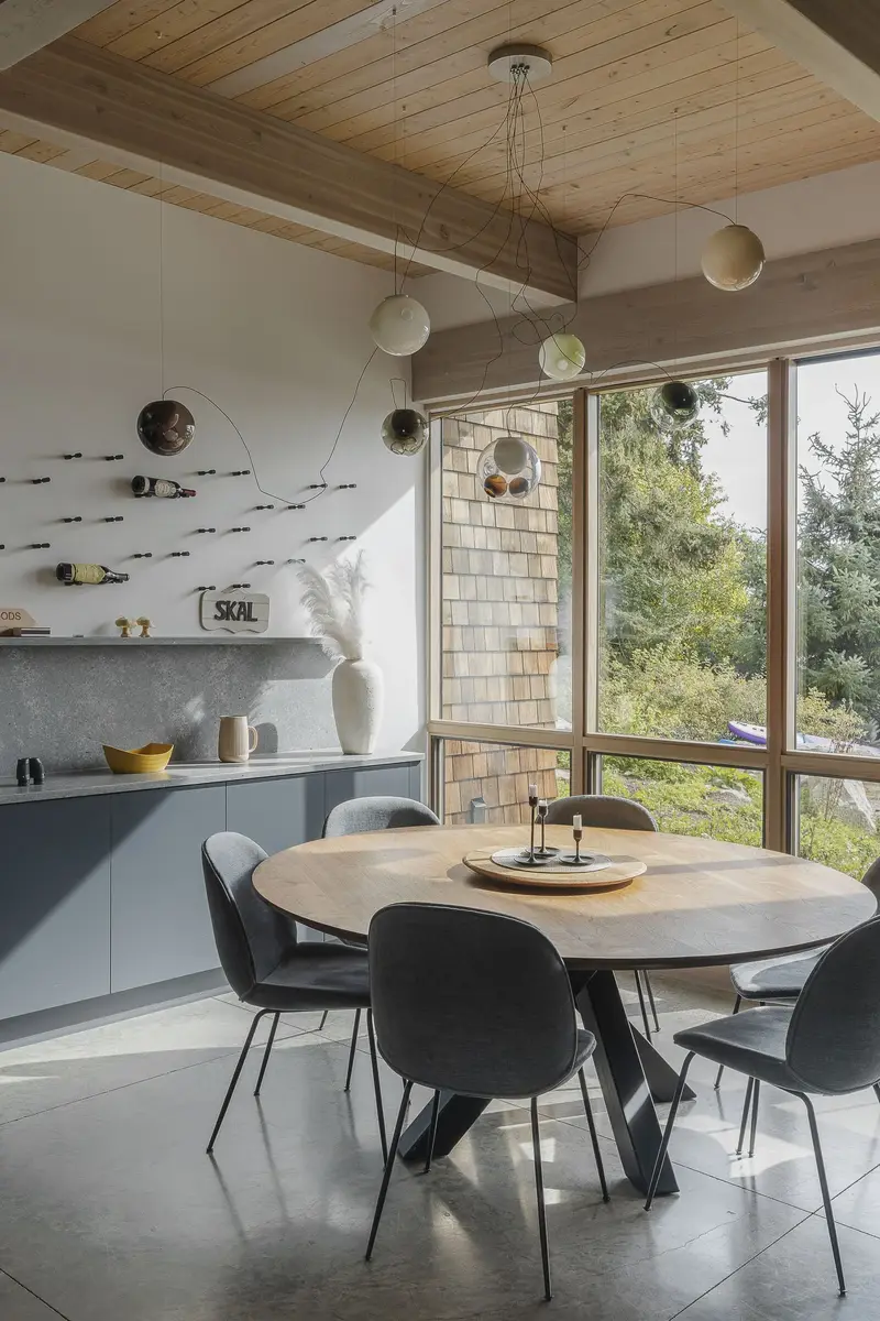 Round dining table and chairs under glass pendants, wine bottles racked on the wall