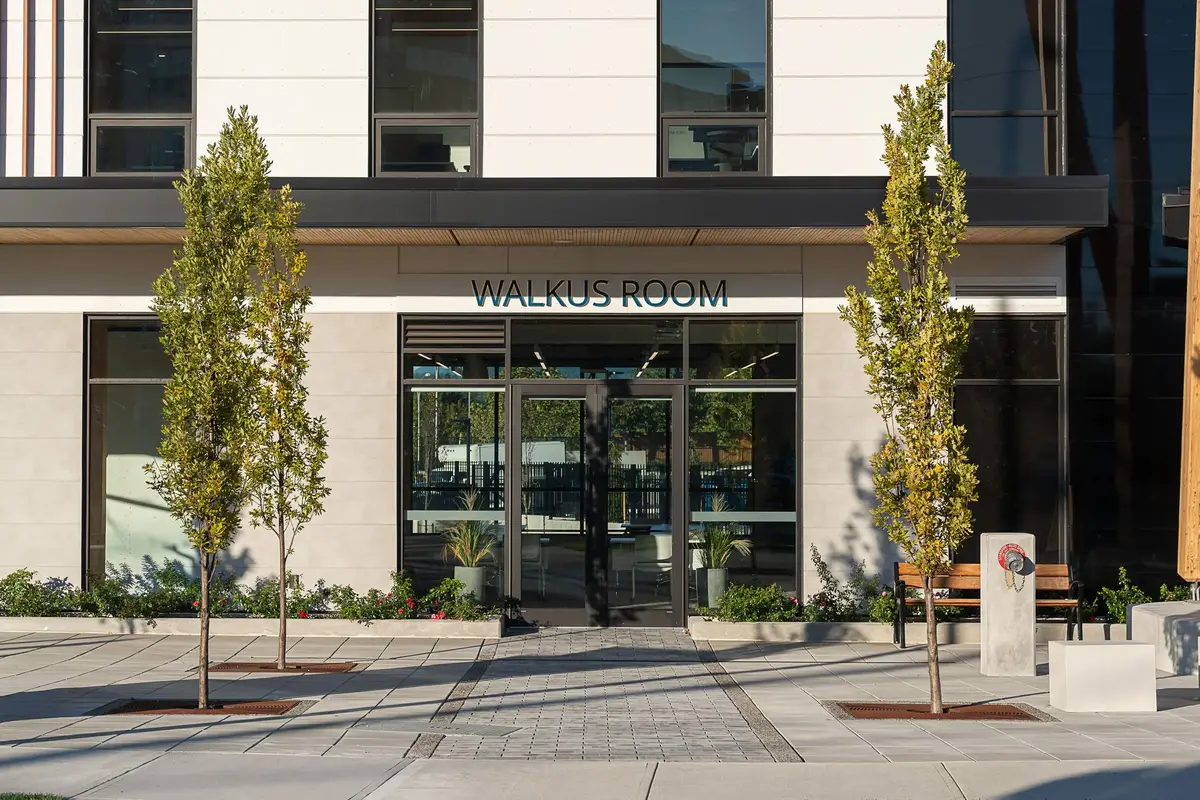 Glass entrance doors under a deep overhang, young trees and benches across the paved plaza