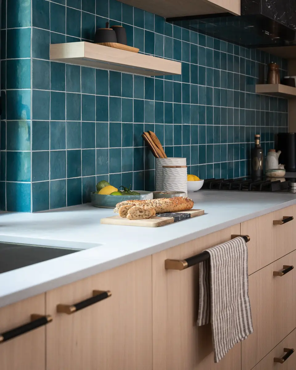 Blue green tile behind a counter, a pale shelf above and a towel on the rail