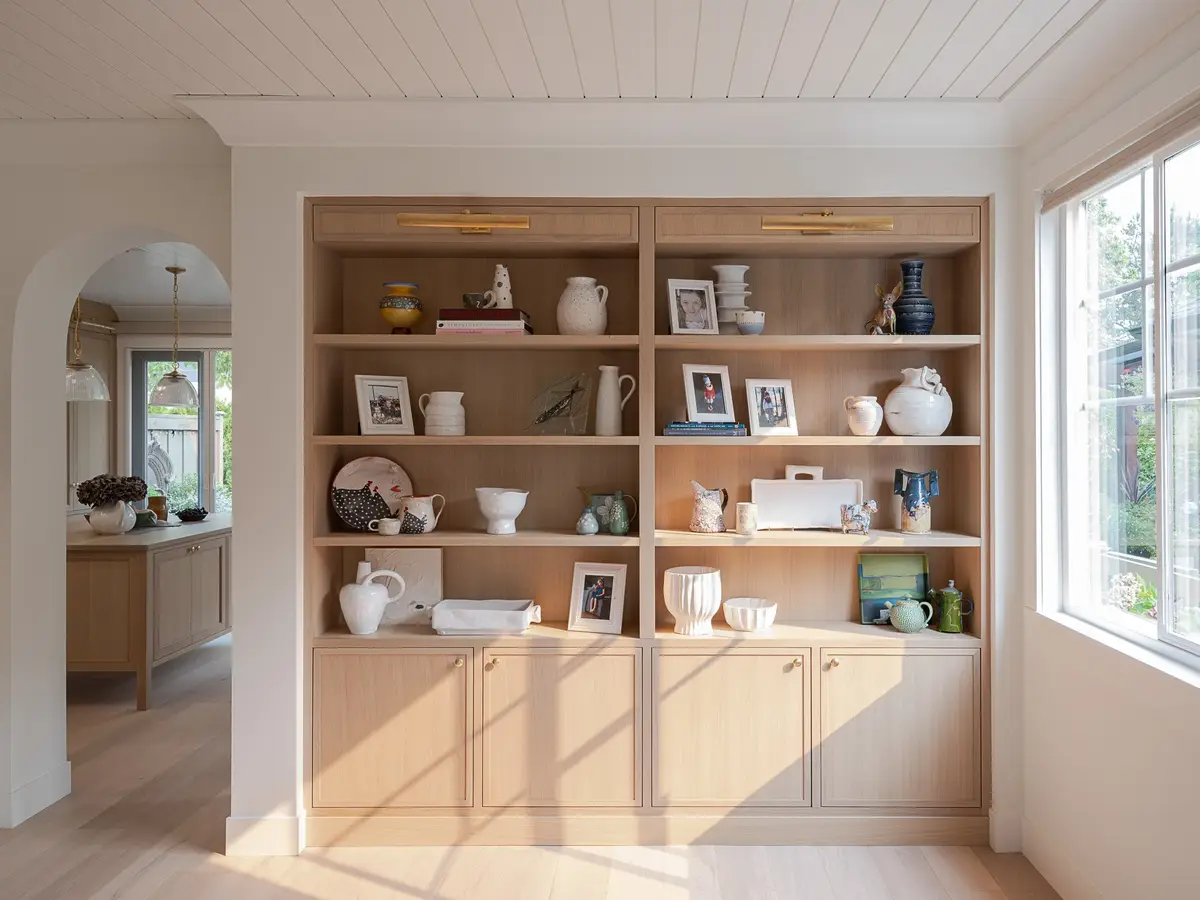 Built-in shelving in pale wood holding ceramics and framed photographs, sun across the floor