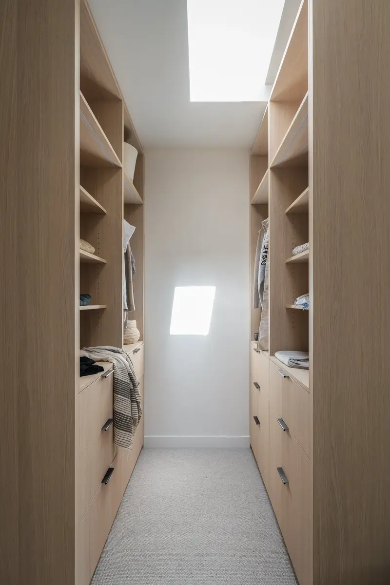 Walk through closet of open shelves and drawers, a skylight above the run