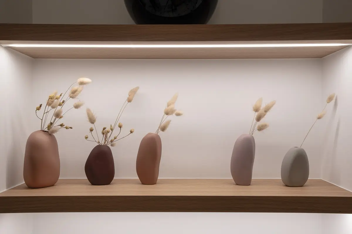 Five vases with dried grasses on a lit shelf inside a wood lined niche