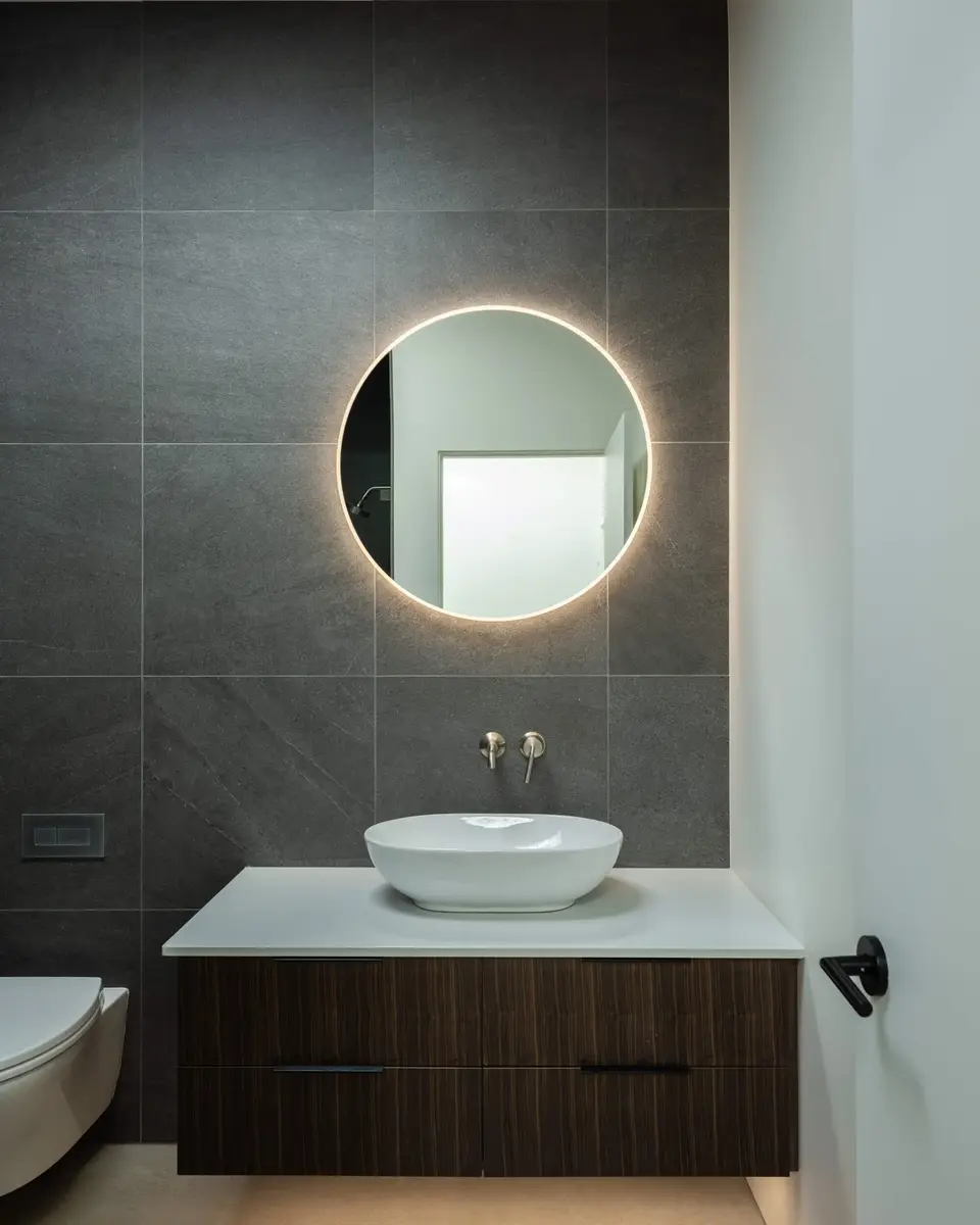Powder room with a backlit round mirror, a vessel basin on a dark wood vanity