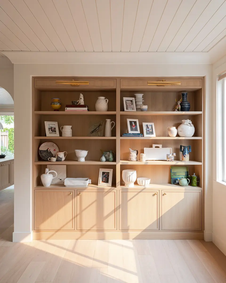 Shelves of jugs, bowls and framed photographs in a pale wood built-in, sunlight on the floor