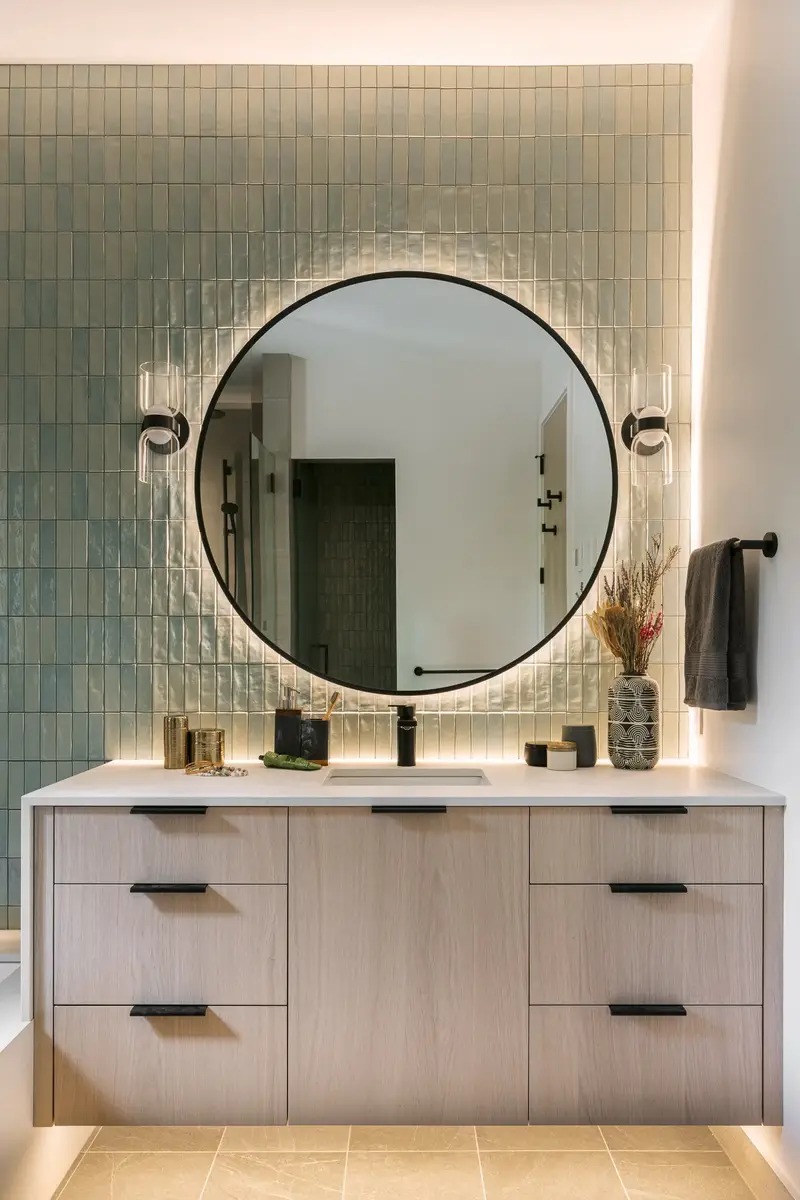 Vanity with a round backlit mirror on green tile, a sconce to either side