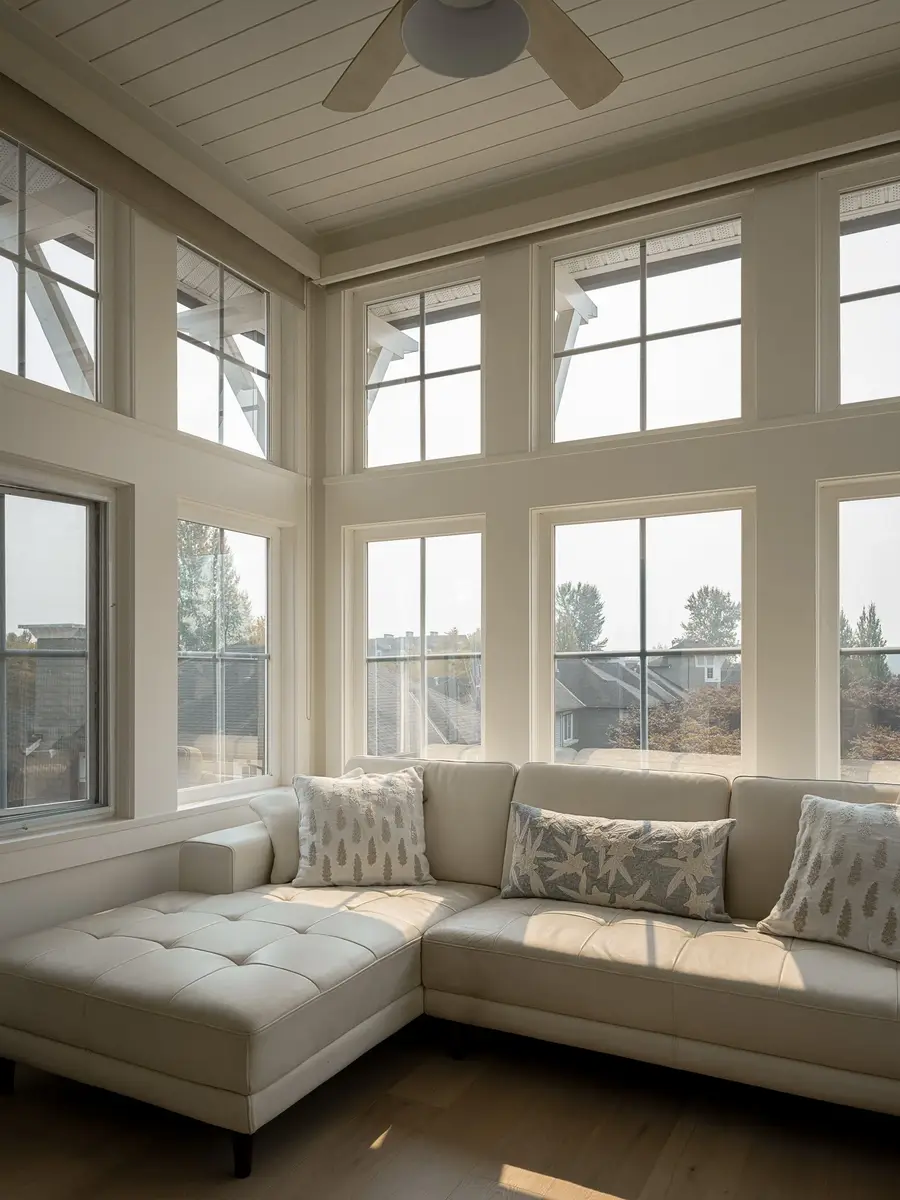 Corner seating under two tiers of windows, a cream sectional facing rooftops and trees