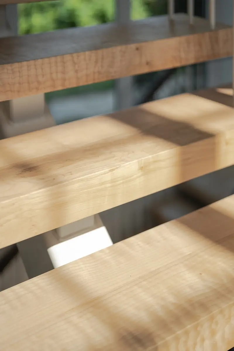 Close on figured wood stair treads with sunlight raking across the open risers
