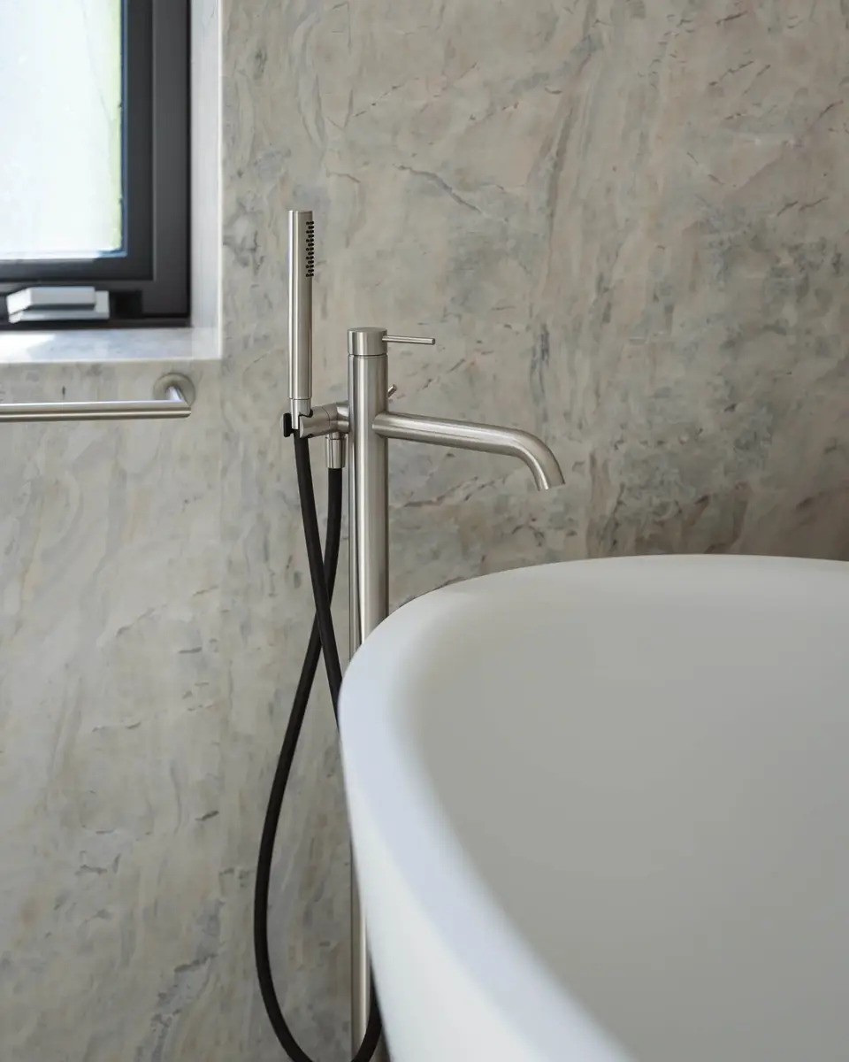 Floor mounted tub filler beside a freestanding tub against a wall of veined stone