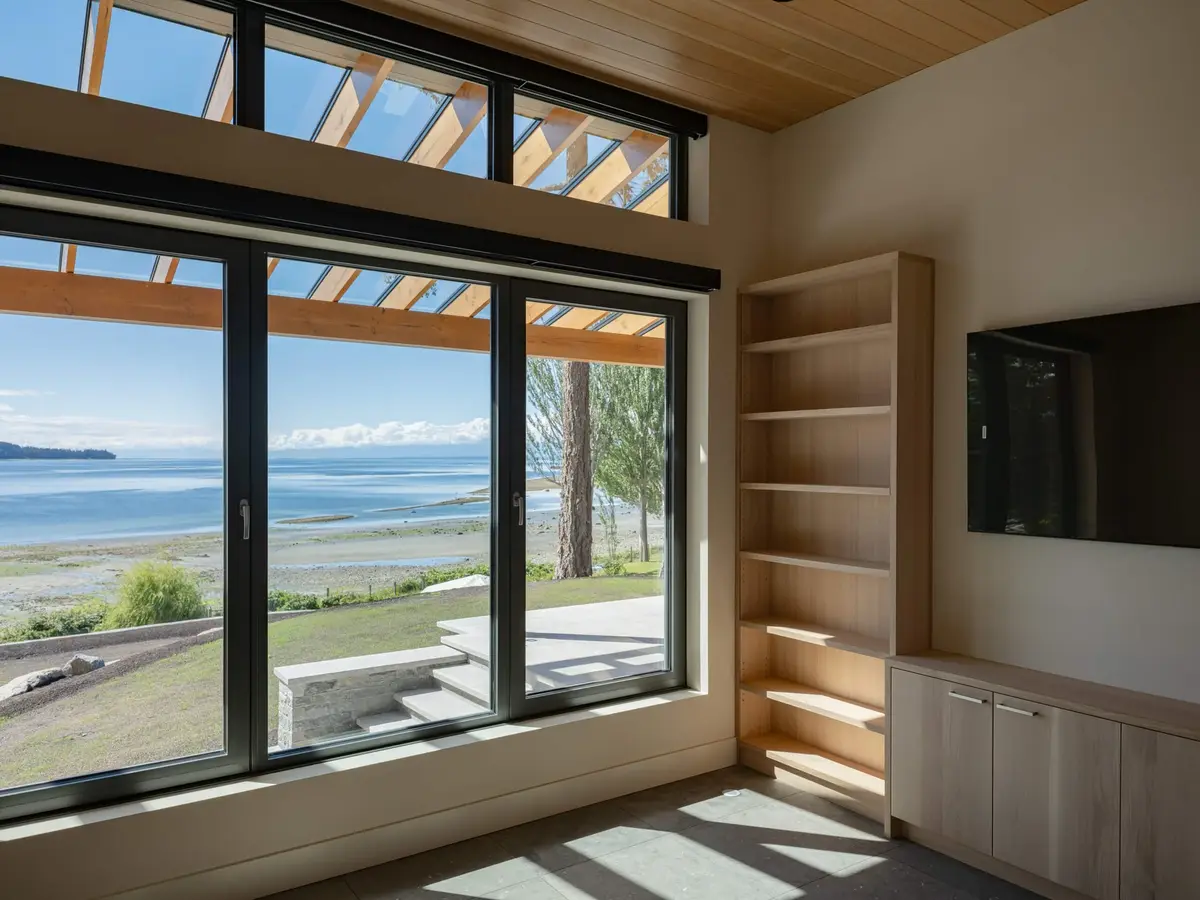 Sliding glass wall onto the beach and the water, built in shelving beside it