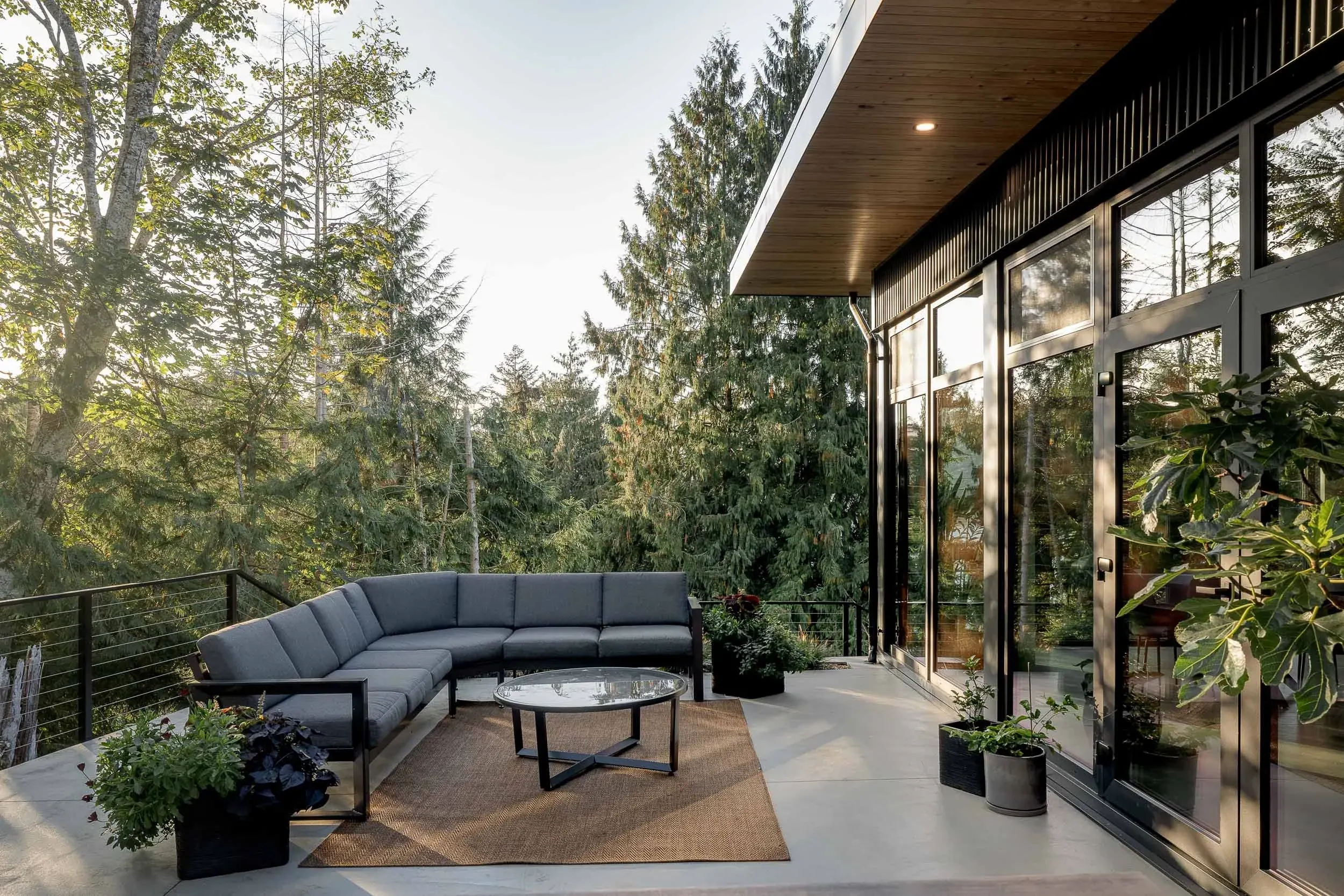 Terrace seating under a wood soffit, glazing at right and treetops falling away beyond a cable rail