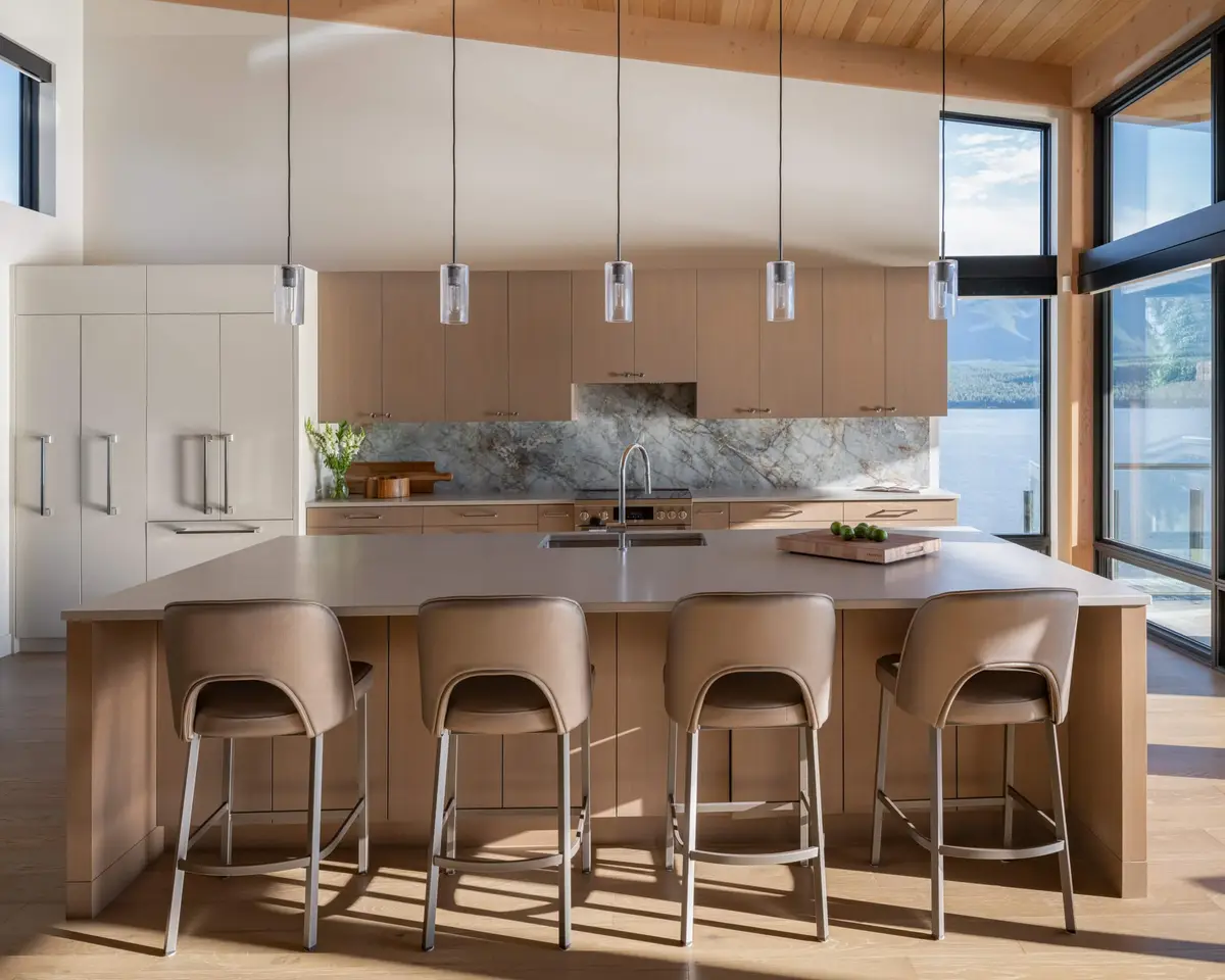 Kitchen island and stools under pendants, veined stone backsplash and hood, lake through the glazing