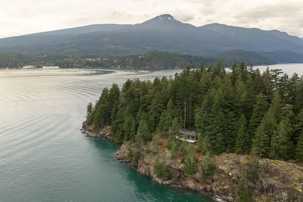 The house on a forested bluff above the water, its deck at the edge of the trees