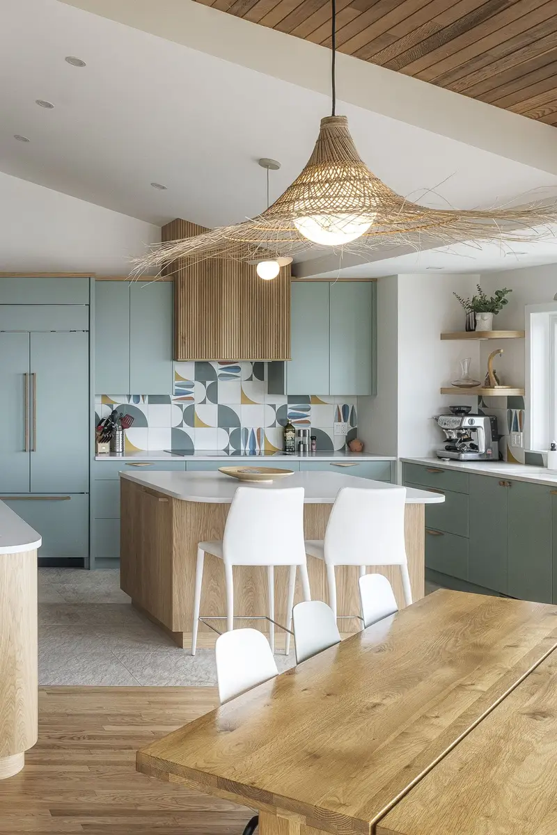 Woven pendants over a wood island and white stools, green cabinets and patterned tile behind