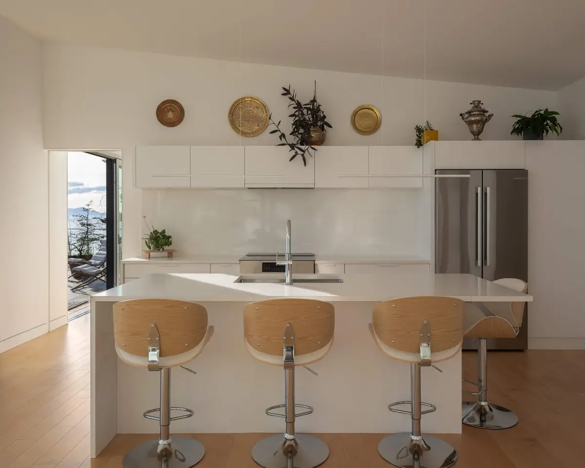 White kitchen with a long island, round platters and a trailing plant hung above