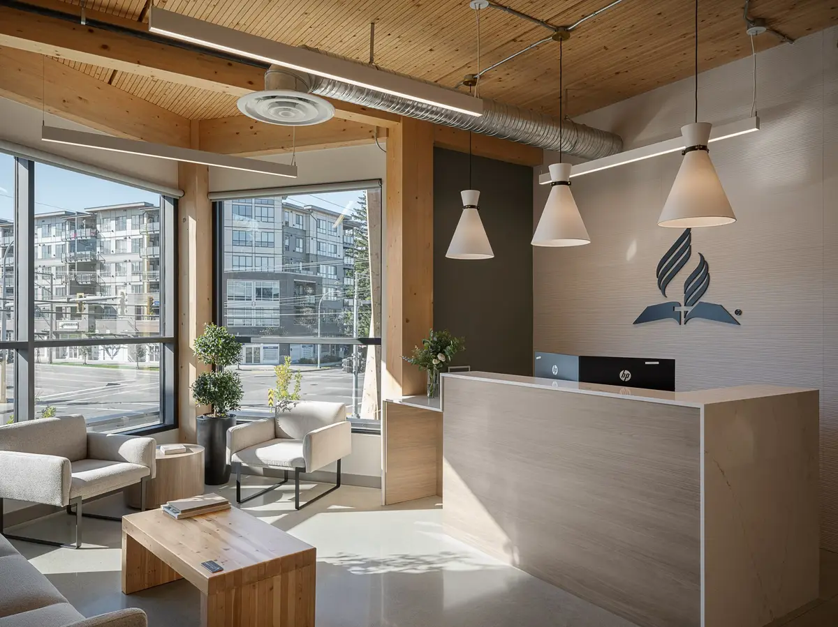 Reception area with waiting chairs and a low table, windows onto the street beyond