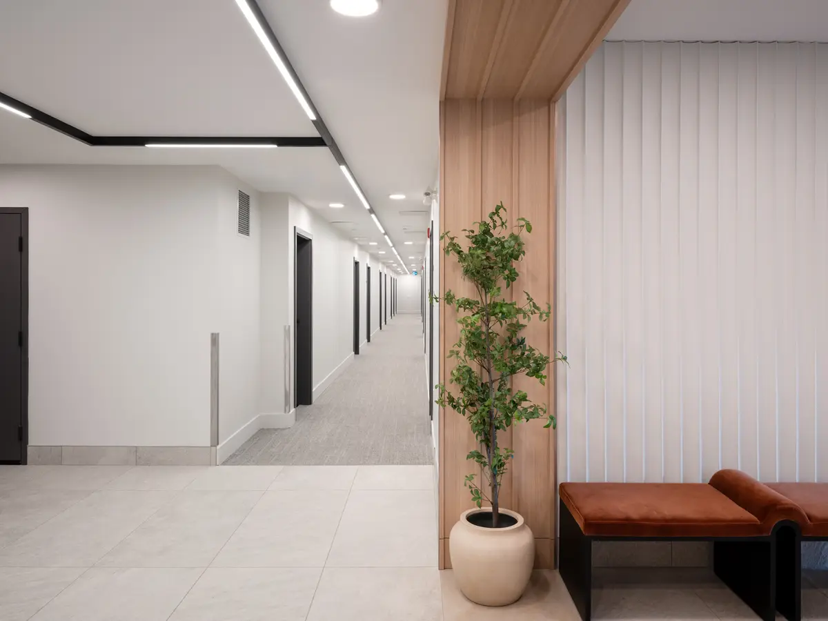 A corridor with a bench and a potted plant