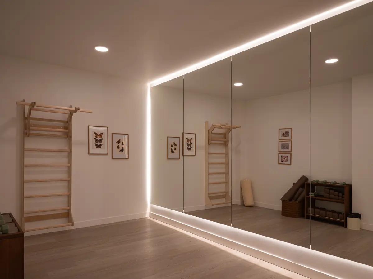 The gym, a mirrored wall and wooden stall bars